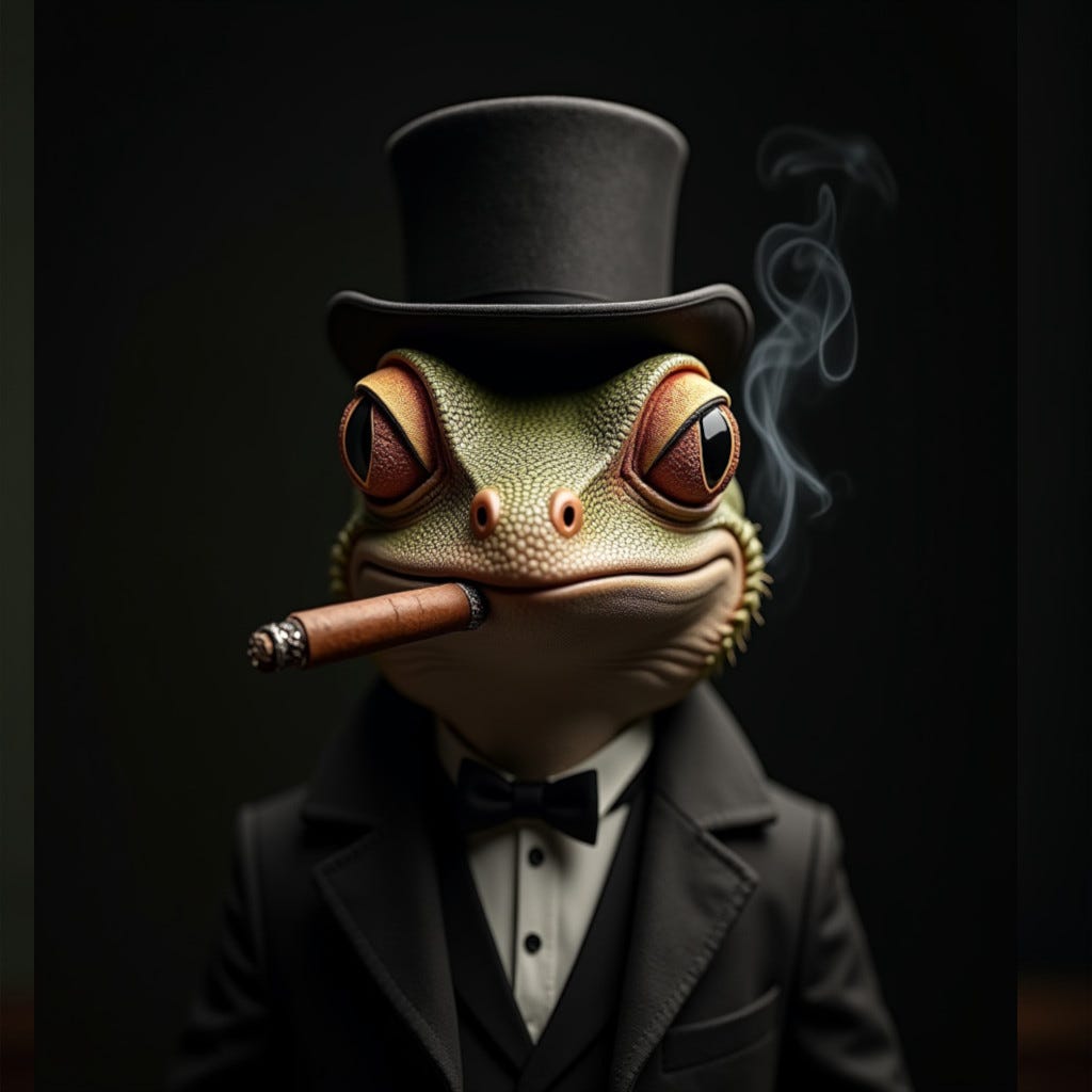 An AI-generated image of an evil-looking gecko wearing a Churchill hat and smoking a fat cigar
