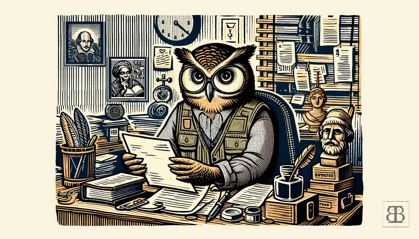 An owl sits at desk reading letters.
