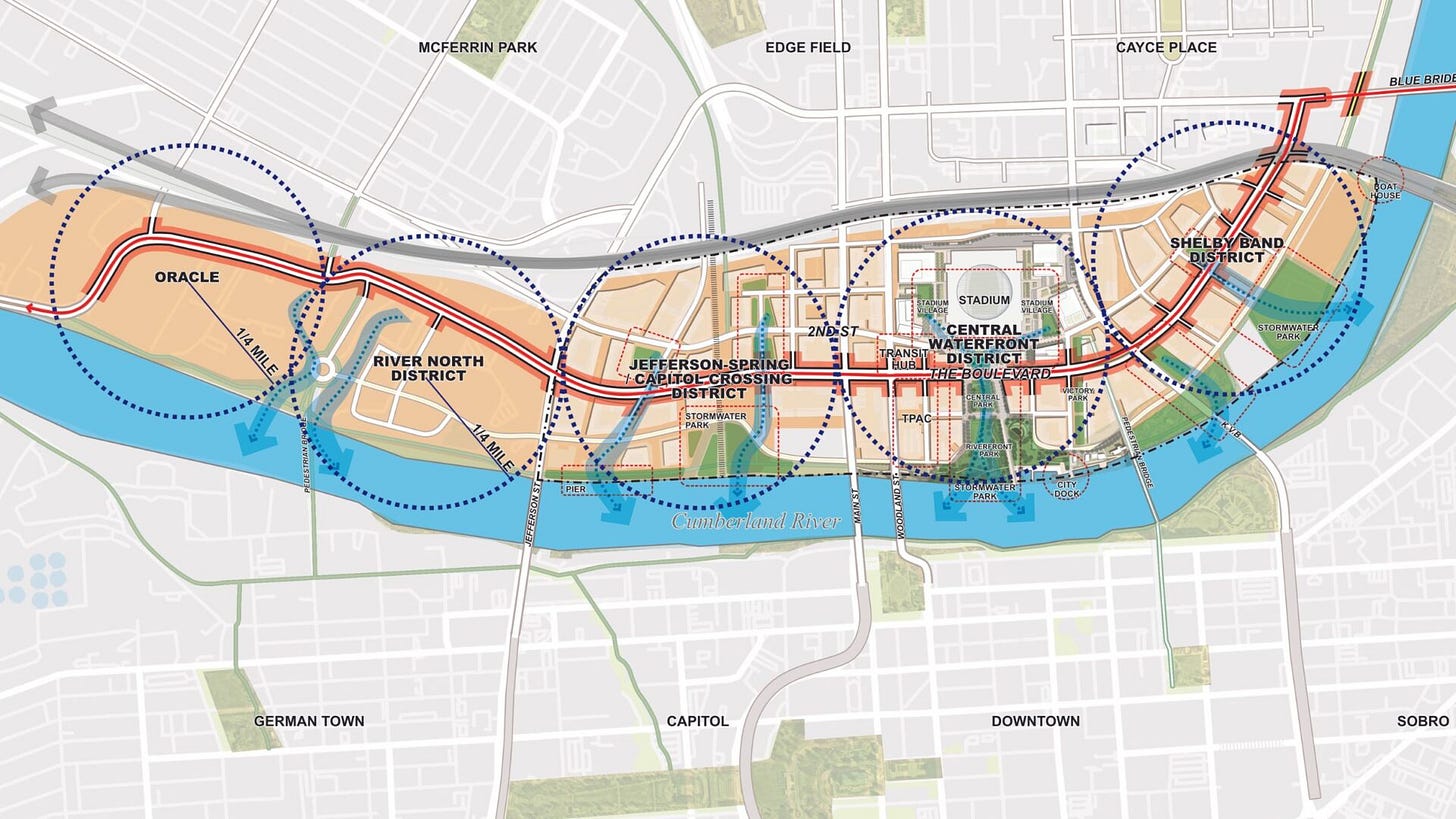 Closer view of the River North / Oracle campus area on the east bank — bridge originates from this zone