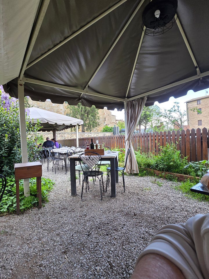 Patio dining area with umbrellas and wisteria plants.