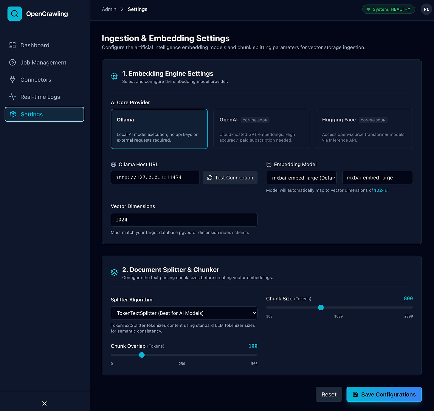 OpenCrawling Embedding Settings