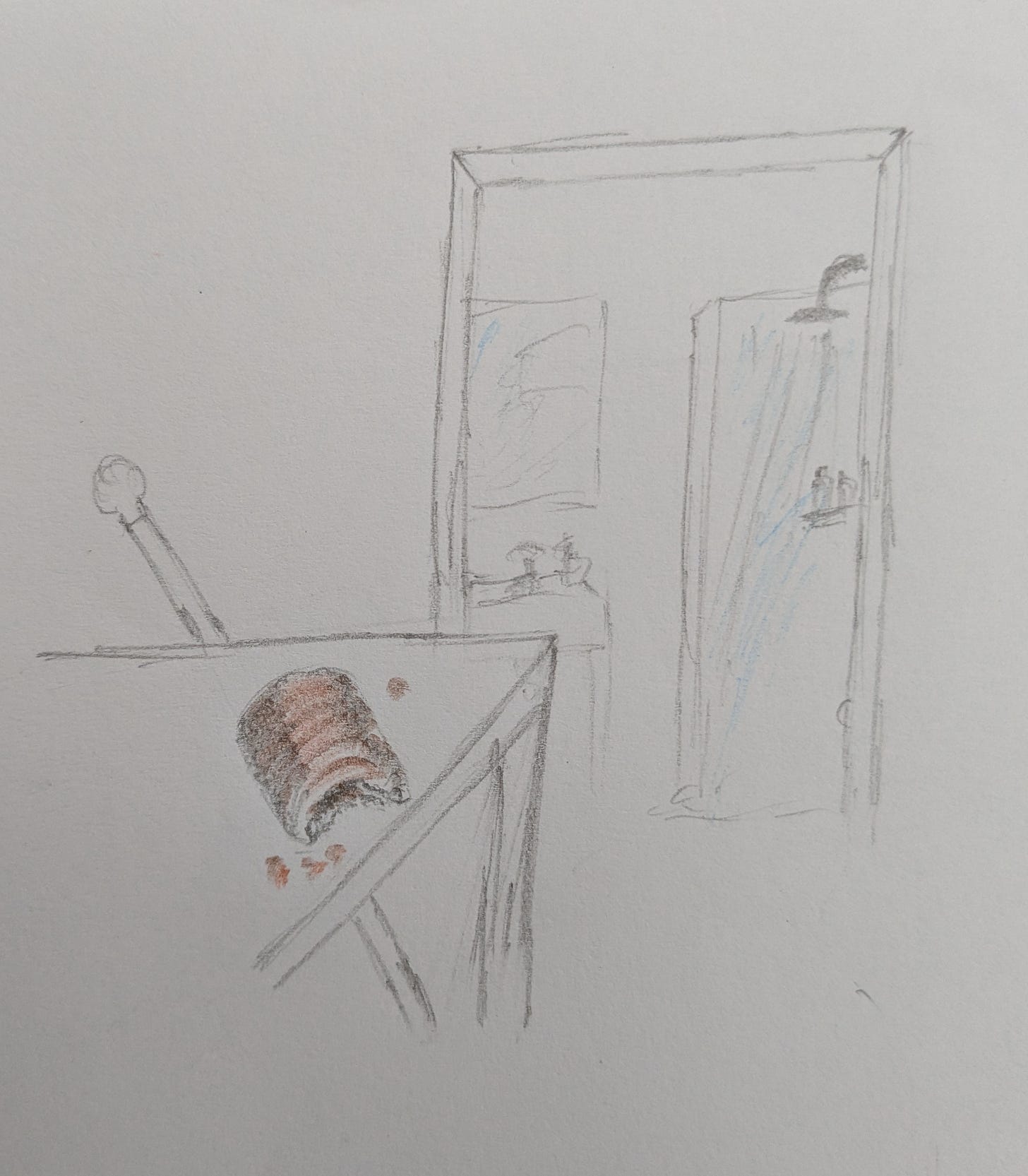 Hand-drawn sketch of a pain au chocolat on a table. A bite has been taken out of it. The pain au chocolat, not the table. There are crumbs around the pain au chocolat, and it is coloured brown, the only coloured object in an otherwise black-and-white sketch. Behind it, there is a white cane, and in the background there is a bathroom with no door. A sink and a running shower can be seen through the open doorway. Hand-drawn sketch of a pain au chocolat on a table. A bite has been taken out of it. The pain au chocolat, not the table. There are crumbs around the pain au chocolat, and it is coloured brown, the only coloured object in an otherwise black-and-white sketch. Behind it, there is a white cane, and in the background there is a bathroom with no door. A sink and a running shower can be seen through the open doorway.