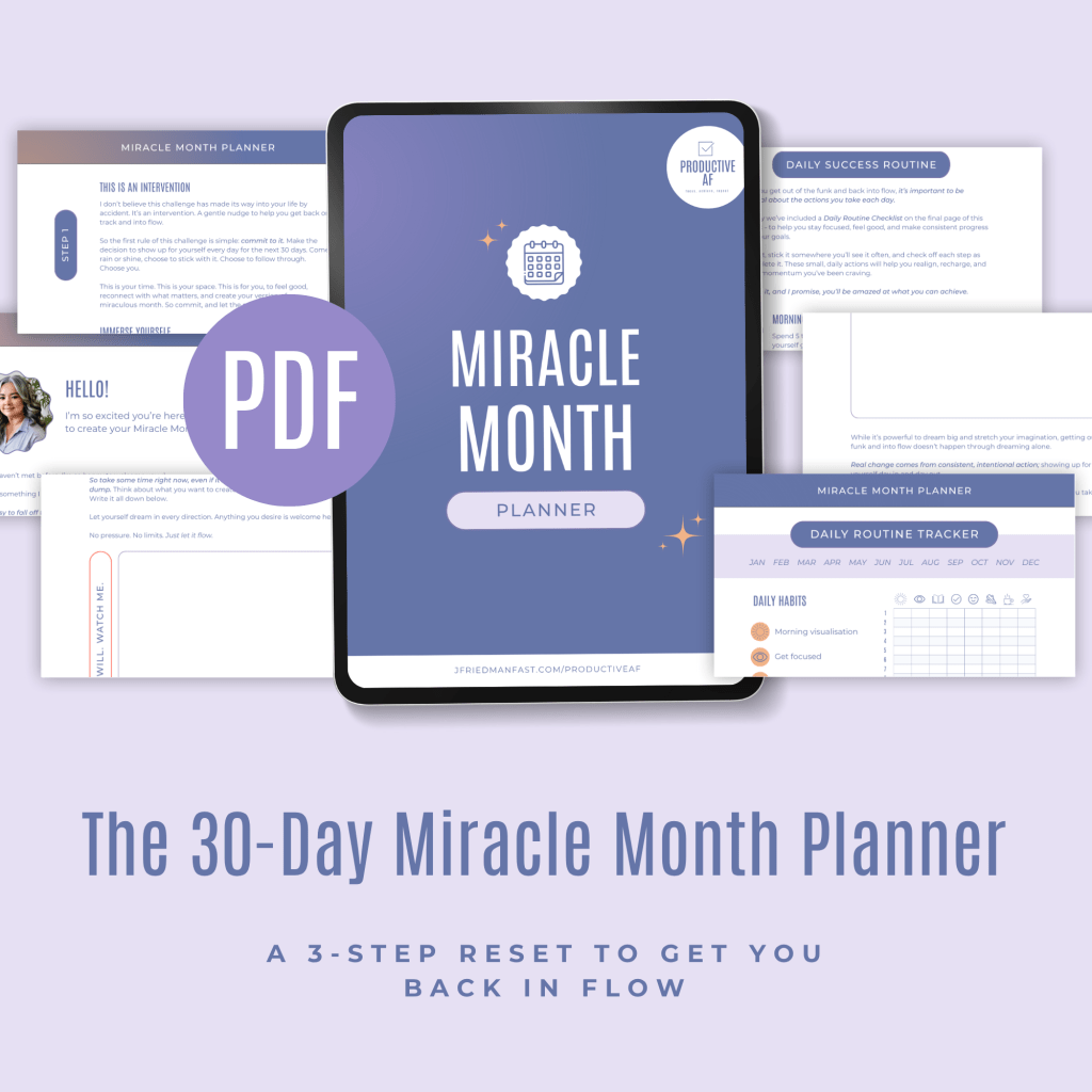 Graphic showcasing the Miracle Month Planner, featuring a tablet displaying the planner's cover with the title 'Miracle Month Planner'. Surrounding images highlight daily routine trackers and habit tracking sections, emphasizing a 30-day reset for improved productivity.