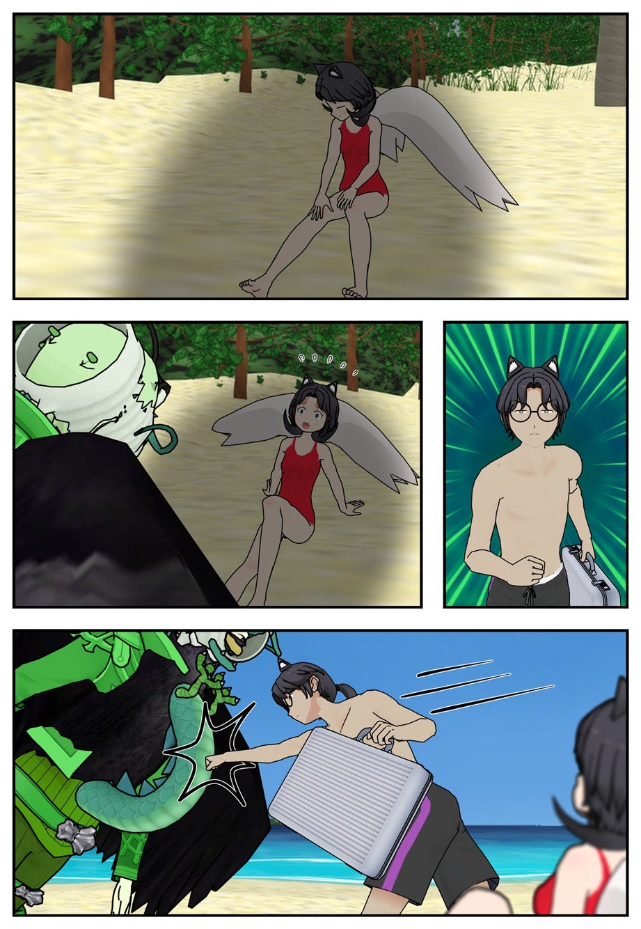The dragon looms over Rae, but Ruff runs between them and punches the dragon.