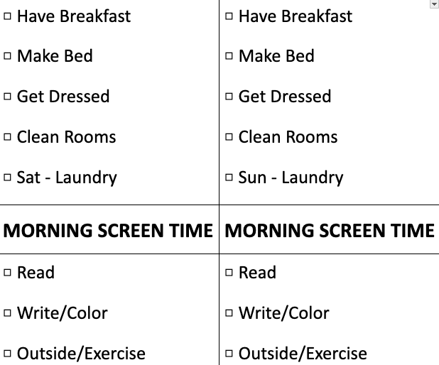 screenshot of a Google Doc showing a morning routine for a child screenshot of a Google Doc showing a morning routine for a child
