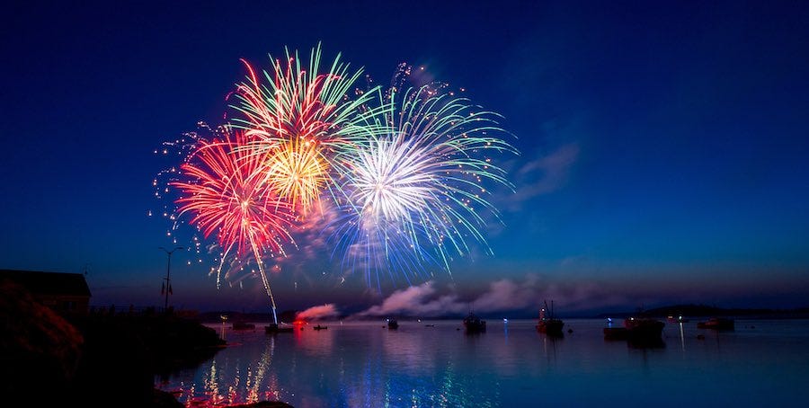 Fireworks in the evening sky over the ocean Fireworks in the evening sky over the ocean