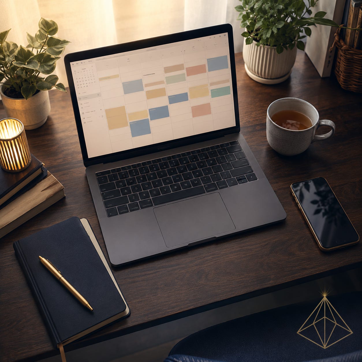The Visible Practitioner cover image for the Brain Offload Method, July 12, 2026. A calm home office desk with a laptop showing a color-coded weekly calendar, a notebook, and tea, representing running your household and business with AI.