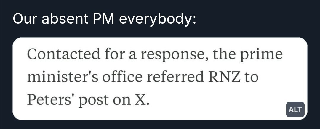 May be an image of text that says "Our absent everybody: Contacted for a response, the prime minister's office referred RNZ to Peters' post on Peters'postonX X. ALT"