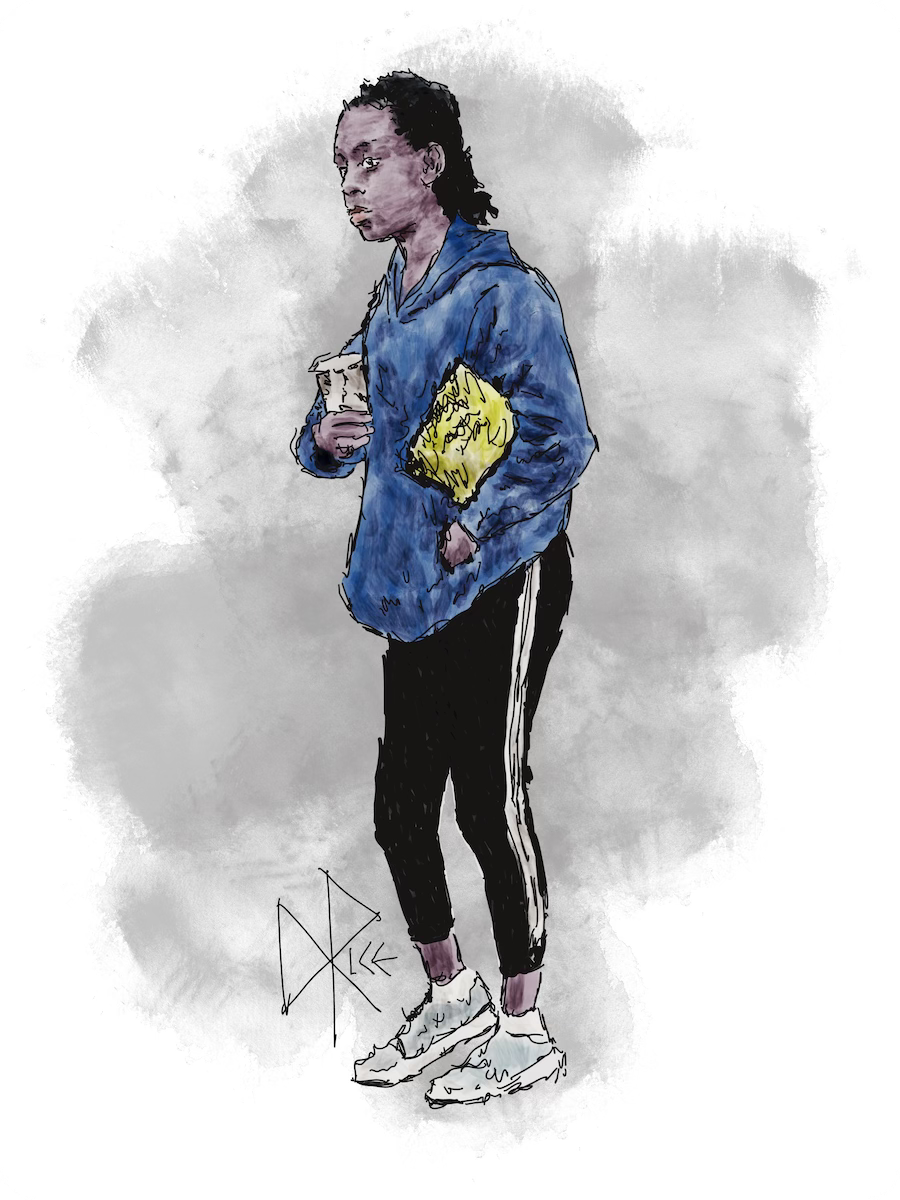 A woman in a blue hoodie, with some papers tucked under one arm as she holds a thermos cup with her other hand, waiting in line at a bank. Sketch art by Don Rice. A woman in a blue hoodie, with some papers tucked under one arm as she holds a thermos cup with her other hand, waiting in line at a bank. Sketch art by Don Rice.