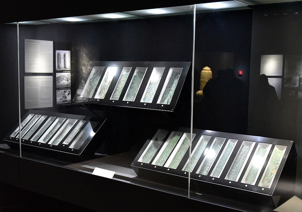 Strips of the Copper Dead Sea Scroll at the Jordan Museum, from Qumran Cave 3, 1st century CE Strips of the Copper Dead Sea Scroll at the Jordan Museum, from Qumran Cave 3, 1st century CE