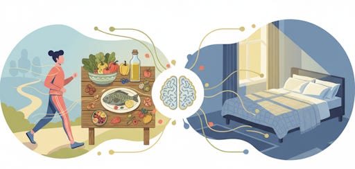 A graphic connecting exercise, food, and sleep to the brain.