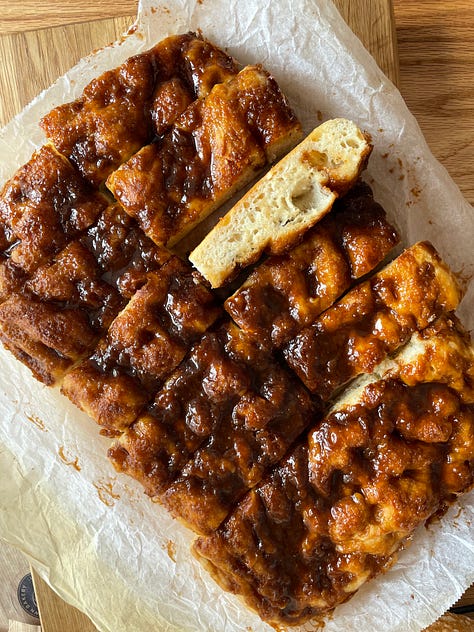 Danish Brunsviger made with sourdough and brown sugar and butter topping