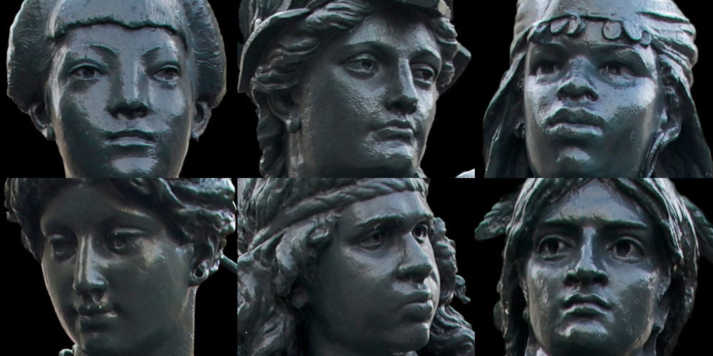 Composite of photographs of the statues of the six continents at the Musée d'Orsay Composite of photographs of the statues of the six continents at the Musée d'Orsay