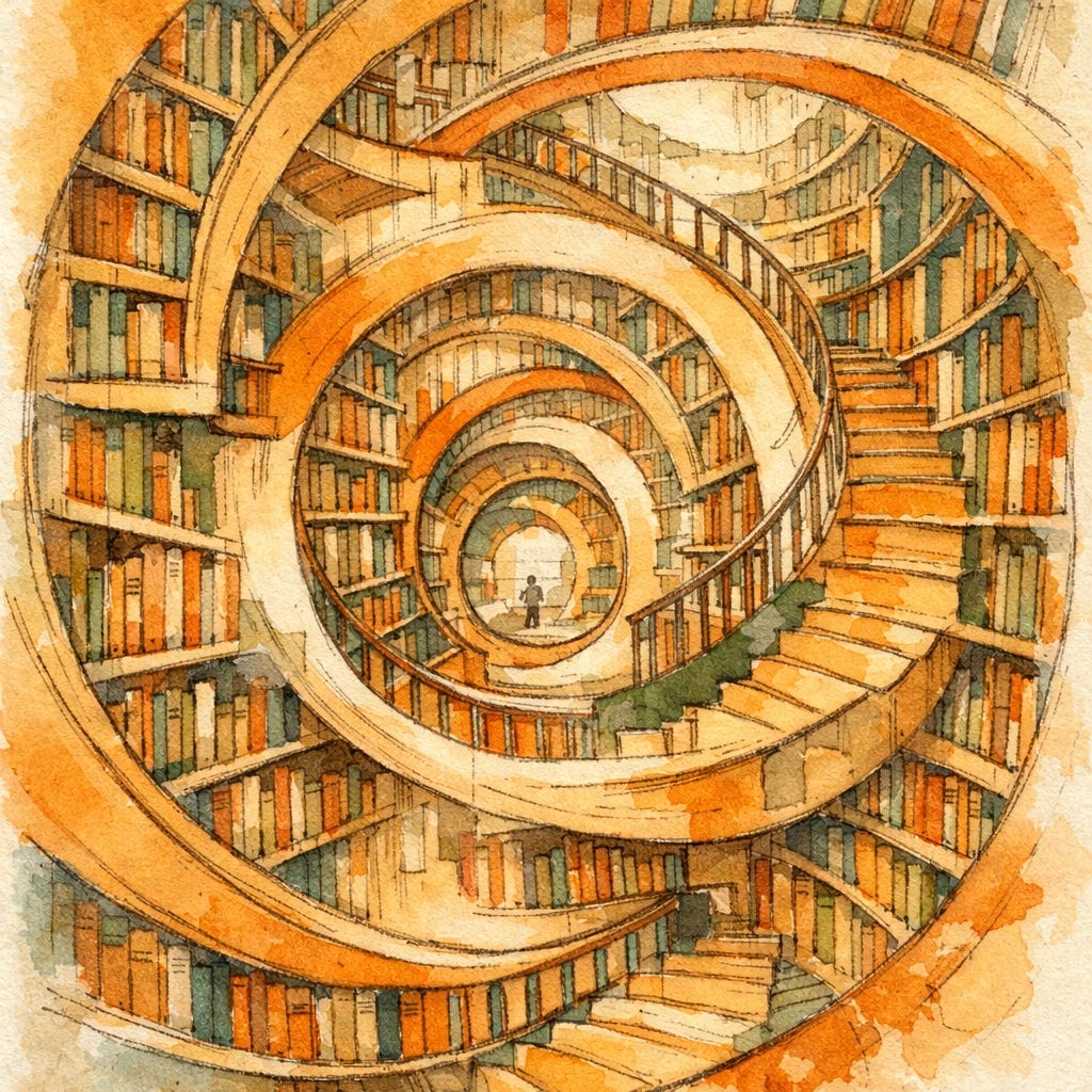Illustration of an infinite Escher library representing structured context engineering for AI models.