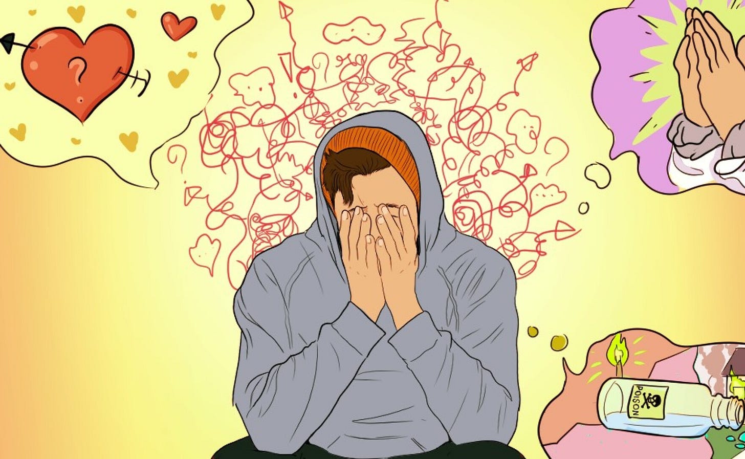 Drawing of a man with his hands covering his face, and squiggly red lines all around him