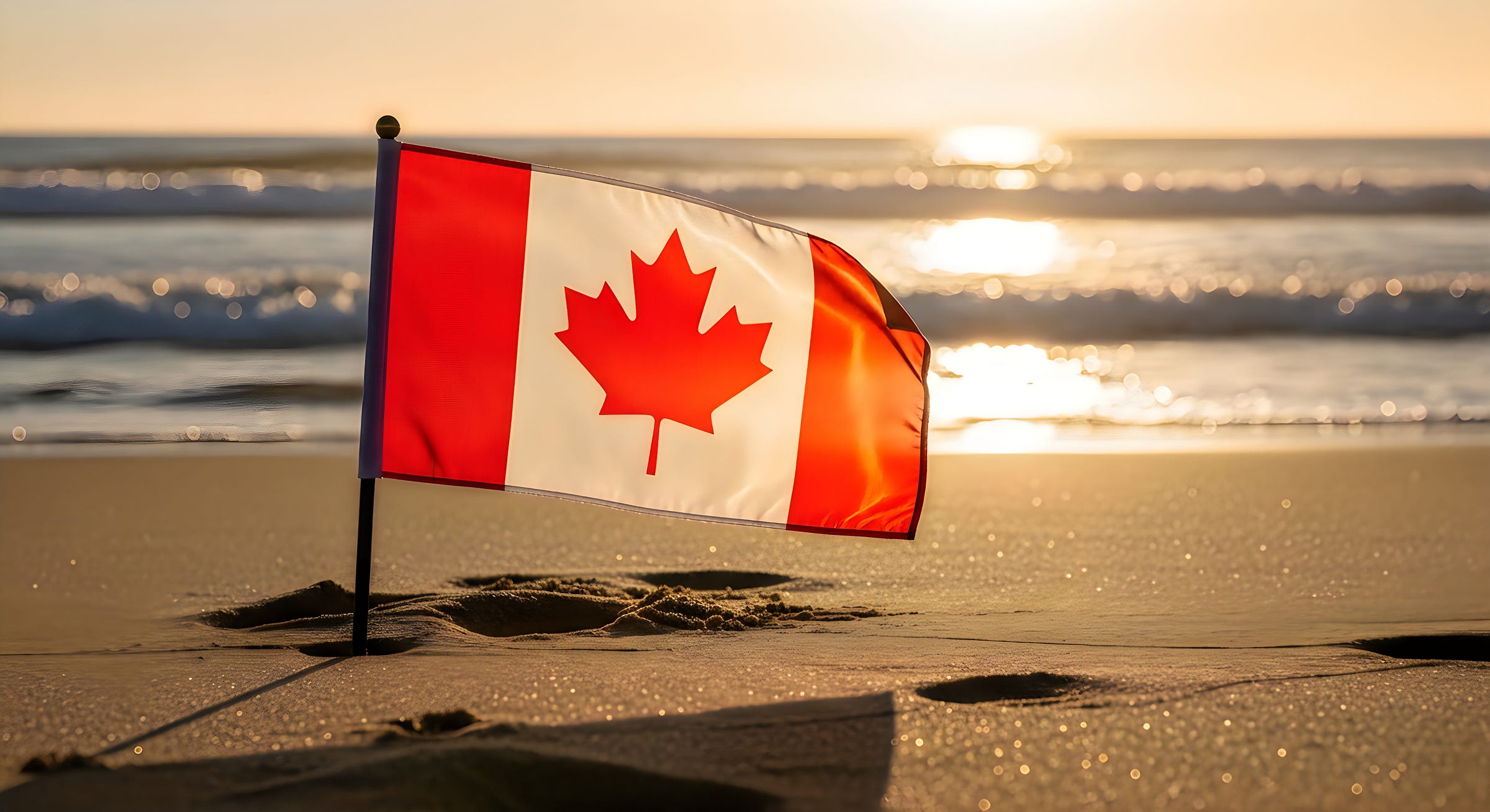 Canadian flag standing in the sand beside the ocean at sunset, symbolizing Canada's vast geography from sea to sea to sea. Canadian flag standing in the sand beside the ocean at sunset, symbolizing Canada's vast geography from sea to sea to sea.