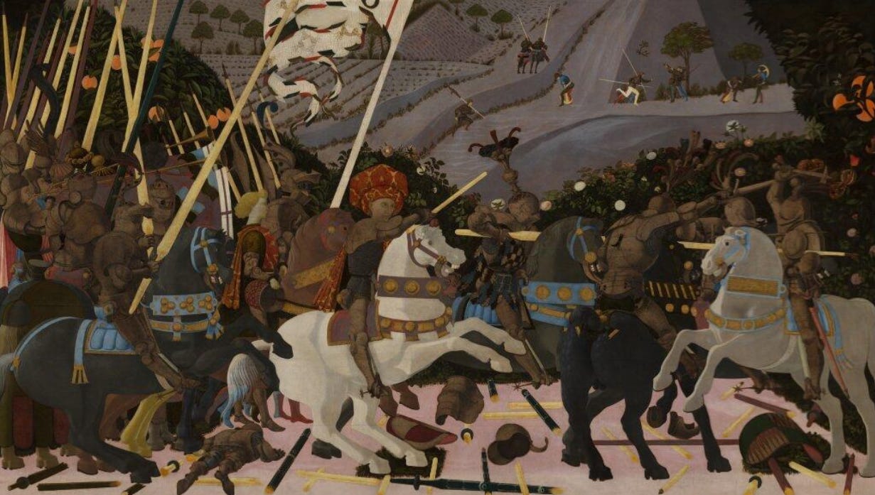 Paolo Uccello’s painting The Battle of San Romano, illustrating Renaissance Italy condottieri. Featured in Beating the Tide Weekly 43 Thought of the Week on principal–agent incentives from mercenaries to Wall Street.