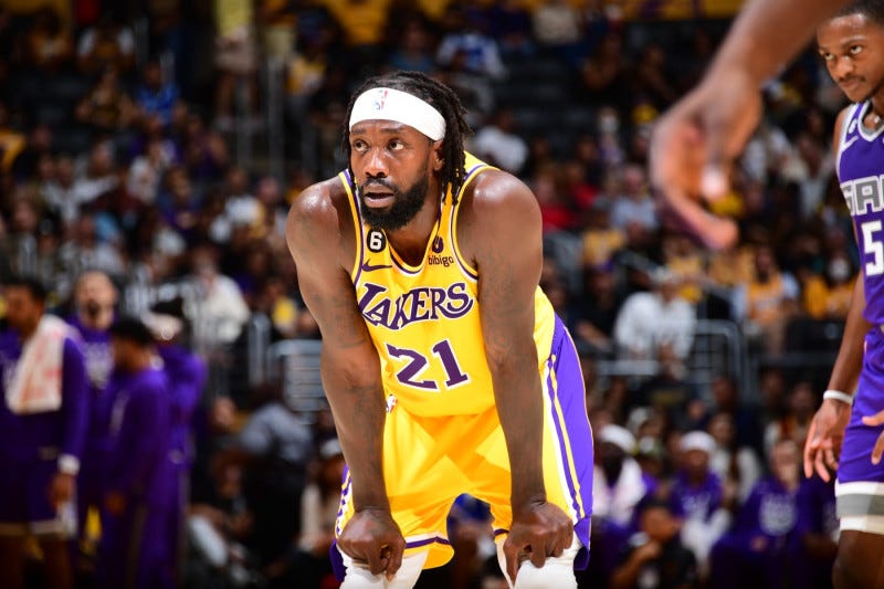 LOS ANGELES, CA - OCTOBER 3: Patrick Beverly #21 of the Los Angeles Lakers looks on during a preseason game against the Sacramento Kings on October 3, 2022 at Crypto.com Arena in Los Angeles, California. NOTE TO USER: User expressly acknowledges and agrees that, by downloading and/or using this Photograph, user is consenting to the terms and conditions of the Getty Images License Agreement. Mandatory Copyright Notice: Copyright 2022 NBAE (Photo by Adam Pantozzi/NBAE via Getty Images)