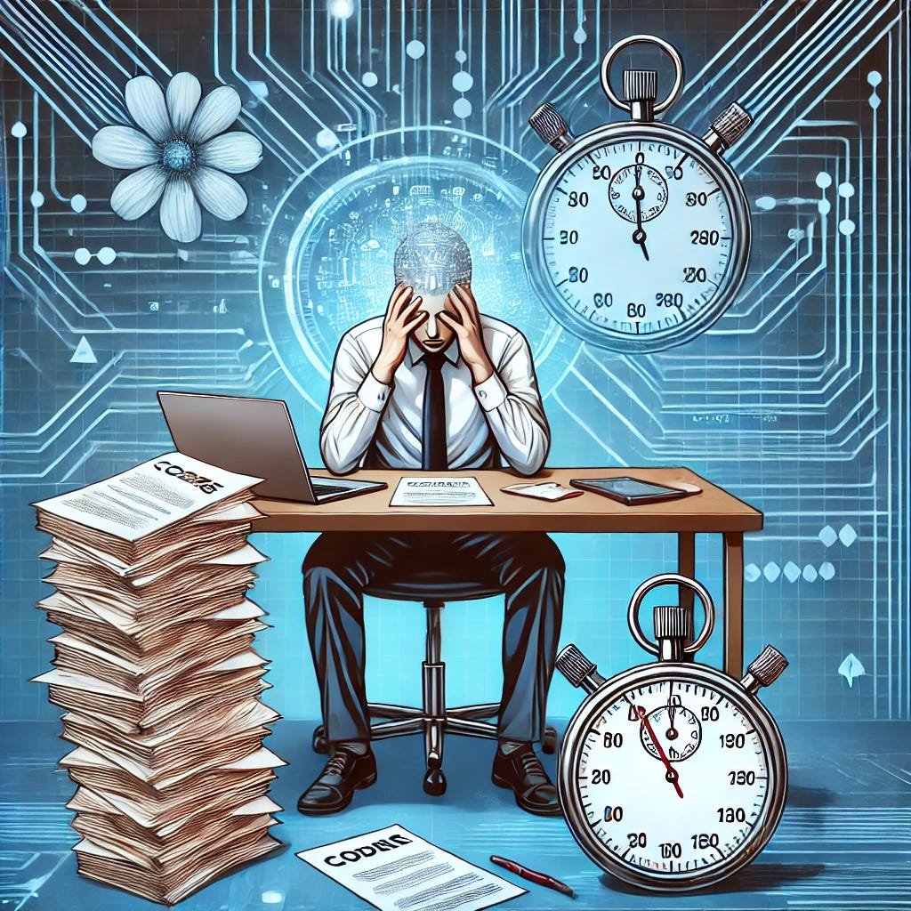 An illustration of a person sitting at a desk, overwhelmed by a stack of coding test papers and a stopwatch, symbolizing the high-pressure, impersonal nature of tech hiring processes. The background features abstract technology elements like circuit boards and glowing screens, blending a sense of corporate efficiency with human frustration. Modern digital art style, clean and professional.