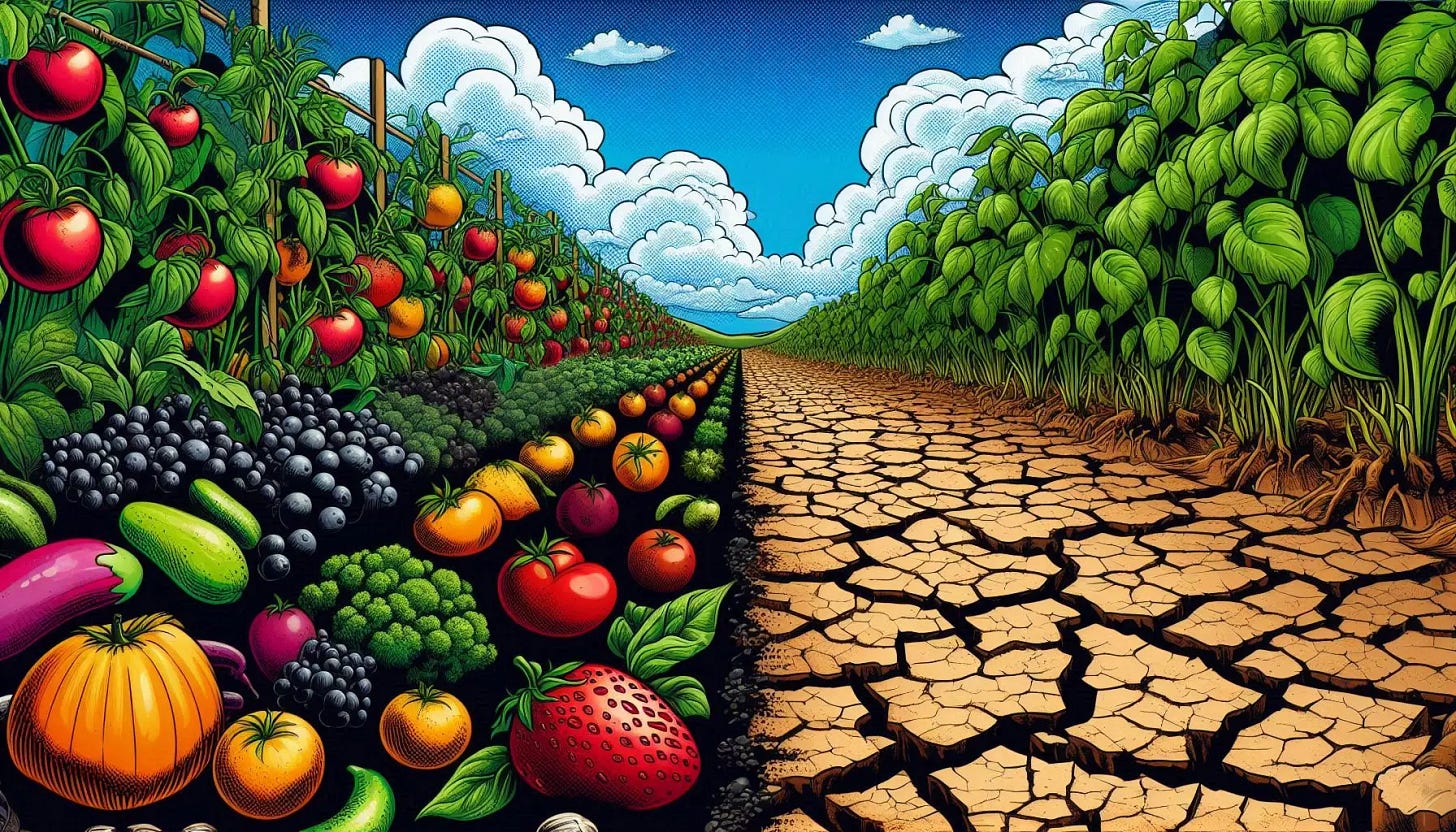 there is a garden that is growing healthy fruit in good soil on the right half and the left half is dry and barren dirt, comic book art