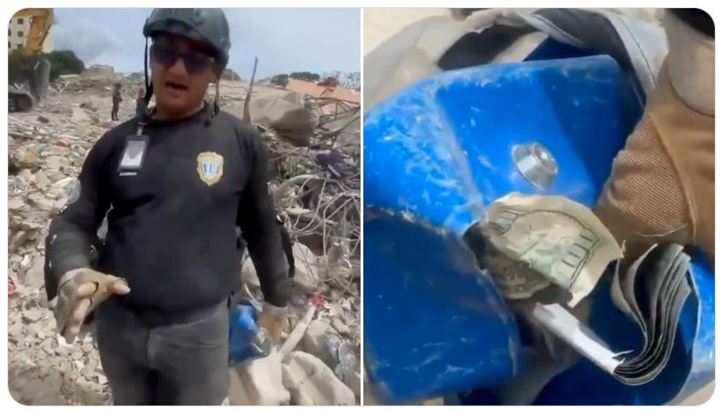 Residents confront a federal police officer carrying a package of US 100 dollar bills in the rubble of earthquake-damaged buildings in La Guaira, Venezuela.  (screengrabs from video posted by @Gbastidas on x.com)