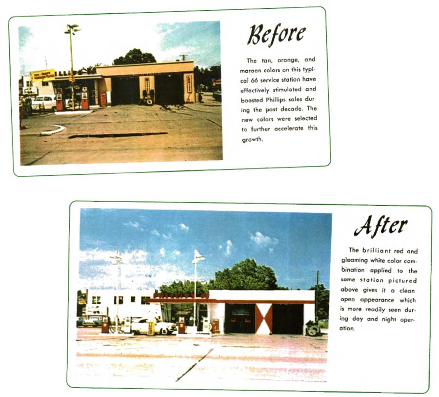 Before and after designs from a Phillips 66 brochure, 1959 Before and after designs from a Phillips 66 brochure, 1959