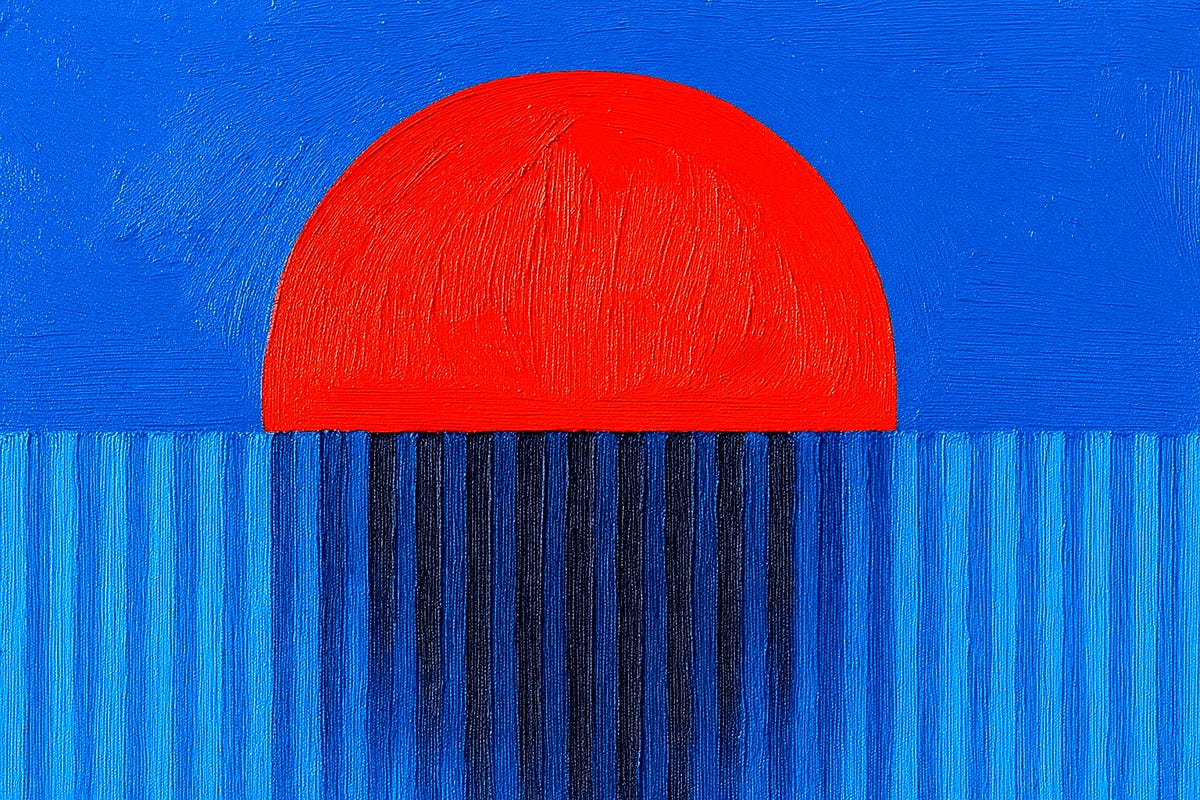 A red circle against a blue background, partially obscured by a wall of blue paper with accordion folds. A red circle against a blue background, partially obscured by a wall of blue paper with accordion folds.