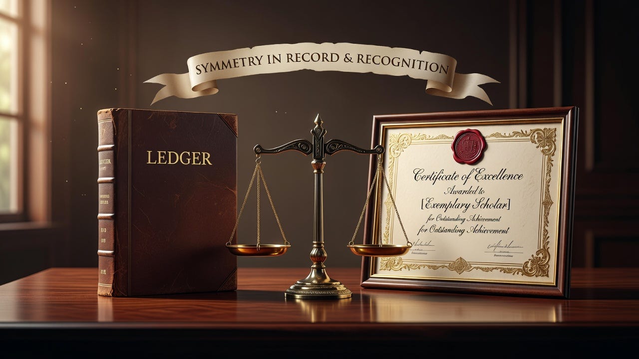 A cinematic still-life of a financial ledger and academic certificate on a desk, symbolizing symmetry in a 16:9 frame.