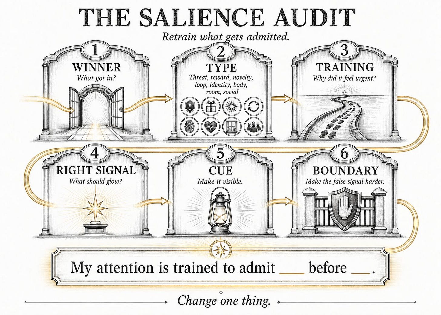 Six-step salience audit diagram moves from the signal that won admission to one cue and boundary for the next deep block.