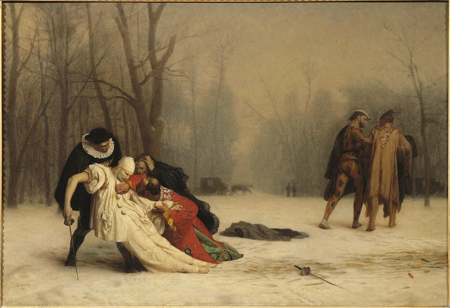 At dawn in a snowy wood, a man dressed as Pierrot in white collapses into the arms of friends in costume, a doge in red and a figure in black, while on the right two costumed men walk away towards a waiting carriage. At dawn in a snowy wood, a man dressed as Pierrot in white collapses into the arms of friends in costume, a doge in red and a figure in black, while on the right two costumed men walk away towards a waiting carriage.
