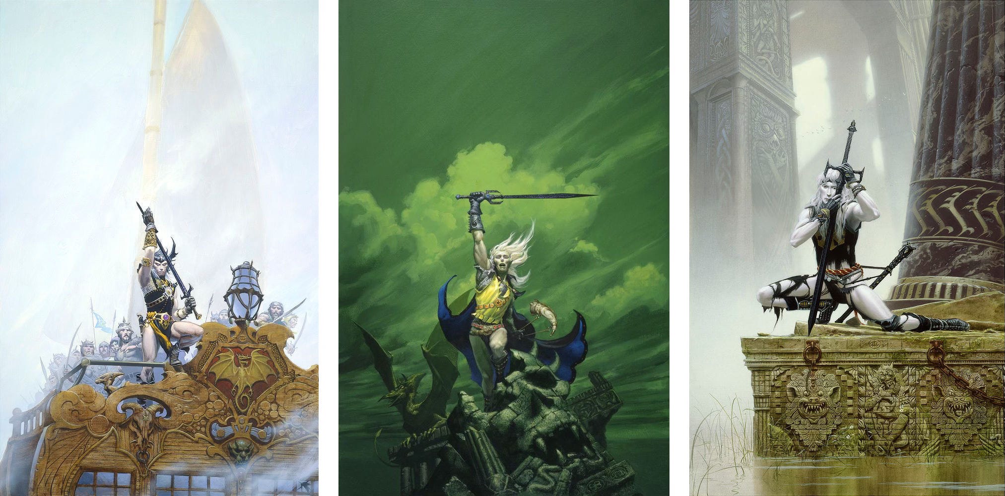 LEFT: On a ship making its way through foggy water, Elric poses with one foot resting on the gunnels. The aft is decorated with intricate scrollwork that includes a dragon and several demon heads. Elric wears a black winged helm and a regal tunic with yellow accents. Fine silver chainmail shows underneath. The milky white skin of his arms and legs are bare to the elements. His eyes mirror the jewel at his belt as he stares down at the audience gripping Stormbringer while running his free hand along the long black runeblade. The sight of him leaves the crew, armed with swords and spears, shrinking back in fear.  CENTER: Standing atop ruins at the end of the world, an anguished Elric thrusts the runeblade Stormbringer to the heavens. The sky behind him roils with clouds rendered in acidic green. The chainmail on his right arm is torn. He wears a yellow tunic and belts strapped across his waist and chest crusted with jewels. His purple and black cloak billows in the wind. From a leather cord, he holds an ivory horn with ornate swirls of gold. The ruins he stands upon are crumbling, including the face of a skull that is missing a chunk of forehead and part of the orbital. The mouth isn't human given the fangs in its mouth and the horns protruding off the side of the head that is intact. Off to the side, a pterosaur-like creature perches with wings spread.  RIGHT: With black clothes torn to tatters, Elric half crouches with one knee out and the other leg splayed to the side. Clutching Stormbringer delicately by cross-guard and blade, Elric's face is half hidden, pigment-less in contrast to the rune blade that stands tip down on mossy stone blocks. White hair hangs limp as somber albino eyes meet the audience. His nose is drawn thin and long, his cheeks high and hollow. An ornate scabbard strains against the cord tied at his waist. His bare hip flexes, thigh muscles tight with the extension of his leg. A massive marbled pillar rises to his right, tilted in counterbalance to the background structures of the ancient city which lean ever so slightly left. Rising out of swampy water below, the base of the column is carved in relief with the faces of demons that resemble Chinese guardian lions. From a rusted ring, a chain hangs low leading off-panel.