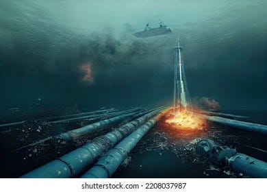 Sabotage of the underwater gas pipelines. Underwater explosion and gas leak. Concept of war causing climate risks and pollution of the sea. 3D digital illustration.