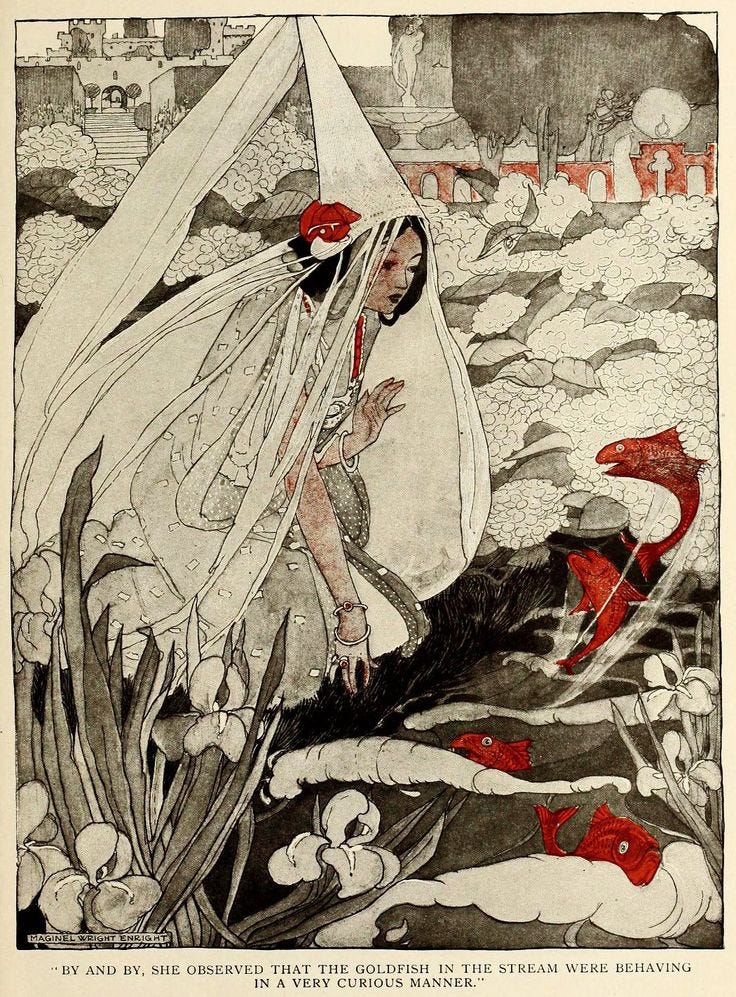 This may contain: an image of a woman standing in the water with fish around her and looking at something This may contain: an image of a woman standing in the water with fish around her and looking at something