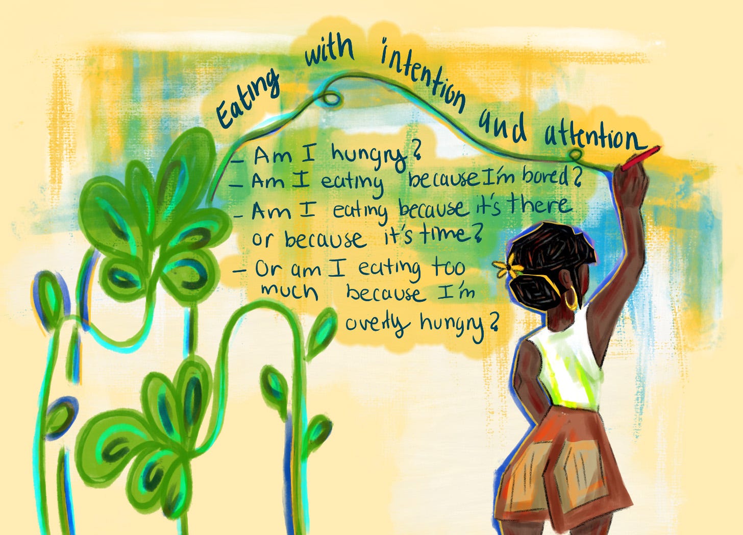 An illustration of a woman painting and writing on a wall. The text reads: "Eating with intention and attention. Am I hungry? Am I eating because I'm bored? Am I eating because it's there or because it's time? Or am I eating too much because I'm overly hungry?