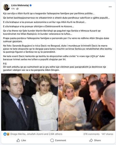 Postimi i Ilir Mirenës banalizon një moment zie kombëtare, duke përdorur fotografinë e bërë gjatë përkujtimit të masakrës së familjes Bogujevci për të ndërtuar një narrativë tallëse ndaj Kryeministrit, ndërkohë që Lirim Mehmetaj ndërmerr një manipulim të qëllimshëm të një fotografie historike, duke sulmuar Saranda Bogujevcin përmes një imazhi nga ekspozita kundër krimeve serbe në Beograd, për ta paraqitur atë si bashkëpunëtore me Serbinë, një narrativë e ricikluar nga qarqe pro-serbe.