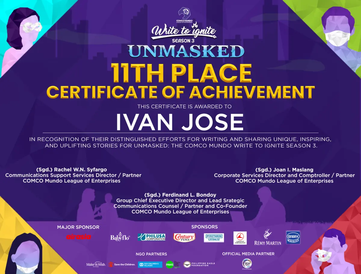 Write to Ignite Season 3 Certificate of Achievement for Ivan Jose Write to Ignite Season 3 Certificate of Achievement for Ivan Jose