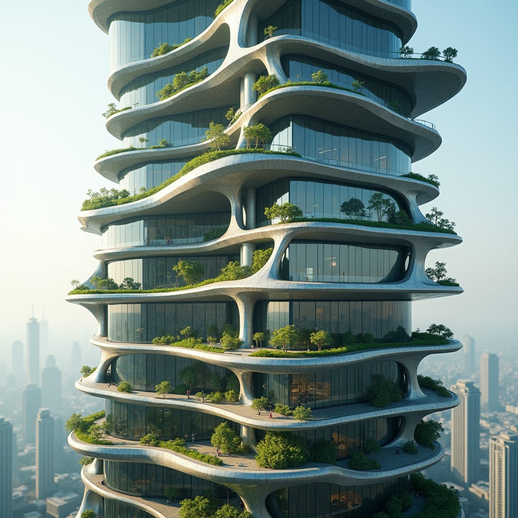 A towering commercial building with sections that rotate independently, constantly shifting and changing its appearance. Each level of the building rotates on a central axis, so the structure never looks the same twice. The façade is made of sleek glass and metal, and the rotating sections create pockets of green terraces and outdoor workspaces. Dynamic architecture, rotating building, futuristic technology, ever-changing design.
