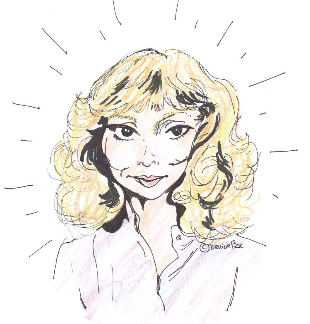 Poorly drawn sketch of actress Shelley Long as she appeared in the 1990s.