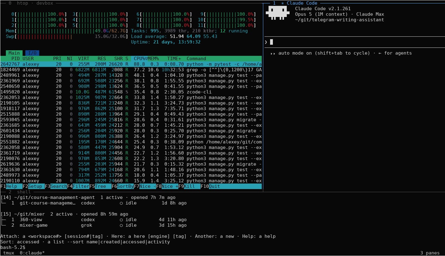 A tmux window with three panes: htop monitors the devbox, an agent session runs in the top-right pane, and a shell lists other sessions in the bottom pane