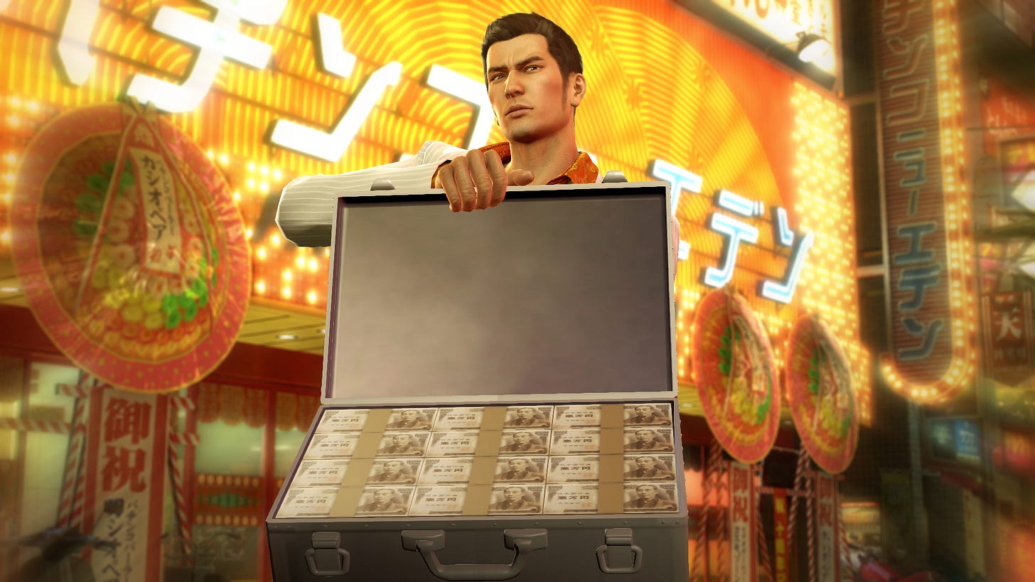 Kazuma Kiryu presenting an open briefcase filled with millions in Yen notes.