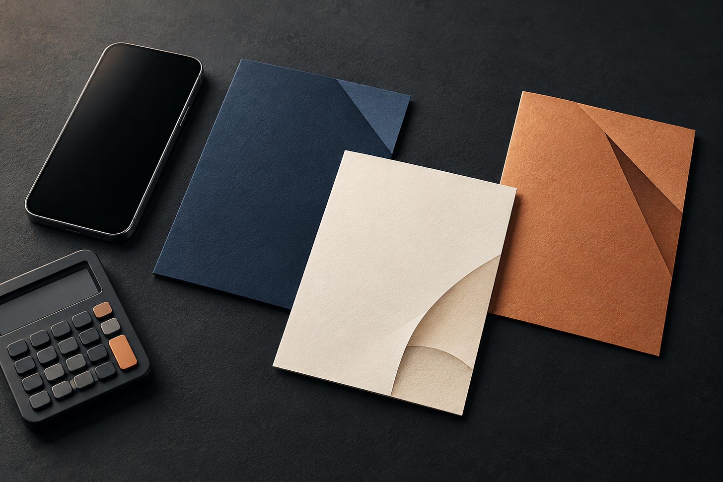 Editorial illustration of a phone, a calculator and three separate folded cards on a dark desk. Editorial illustration of a phone, a calculator and three separate folded cards on a dark desk.