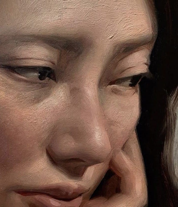 This may contain: a painting of a woman's face with her chin resting on the hand of another woman