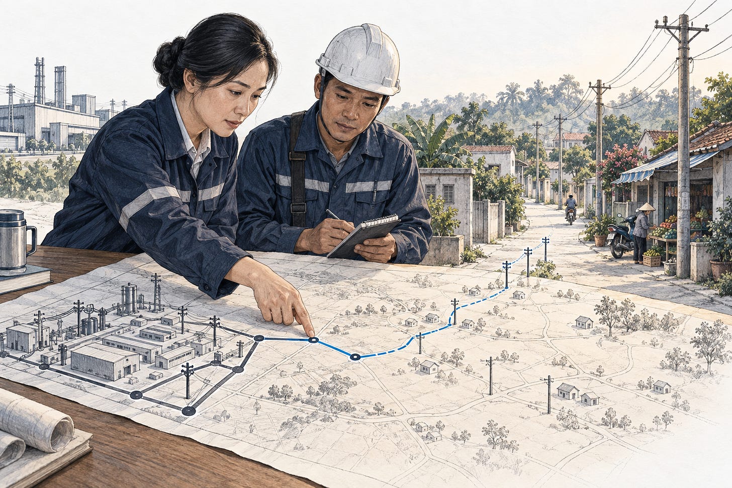 Người quản lý và kỹ thuật viên điện lực xem bản đồ bảo trì, với tuyến màu xanh nối từ khu công nghiệp tới những hộ dân ven đô. Người quản lý và kỹ thuật viên điện lực xem bản đồ bảo trì, với tuyến màu xanh nối từ khu công nghiệp tới những hộ dân ven đô.