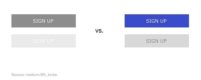two sets of buttons. on the left, two grey buttons one pale, on the right, the enabled button is a strong blue colour