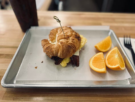 food, fruit, tray, coffee, cup, sign, restaurant