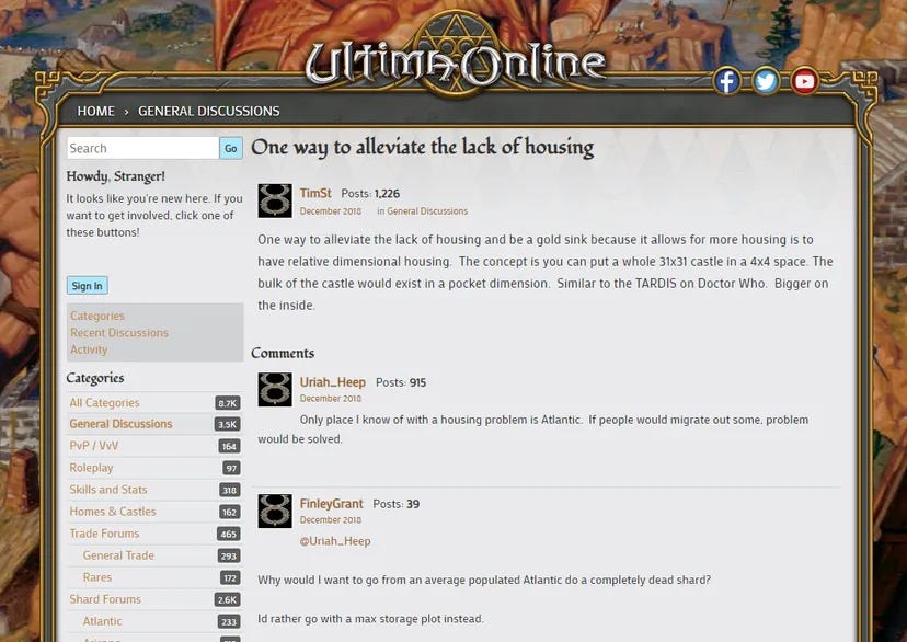 An Ultima Online forum post discussing in-game property. An Ultima Online forum post discussing in-game property.