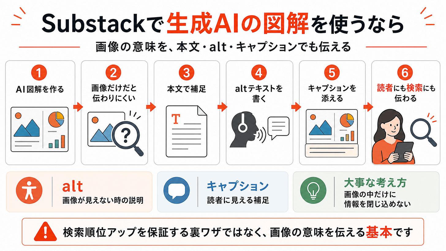 Substack記事でAI生成の図解を使う際、画像内の情報を本文、altテキスト、キャプションでも補足することで、読者や検索エンジンに内容が伝わりやすくなることを示した図。