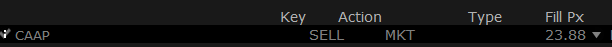 Trade confirmation screenshot showing CAAP stock sold at market price of $23.88, part of a CAAP deep dive investment thesis and profit-taking strategy. Trade confirmation screenshot showing CAAP stock sold at market price of $23.88, part of a CAAP deep dive investment thesis and profit-taking strategy.
