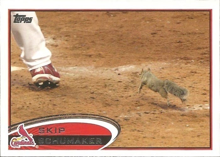 2012 "Skip Schumaker" baseball card featuring the Rally Squirrel