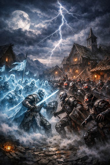 confrontation Army of the Dead vs undead horde in Barovia village midnight mist spectral warriors rising from fog ghostly banners frost glow skeletal knights wights vampire spawn crimson eyes ruined cottages gothic atmosphere